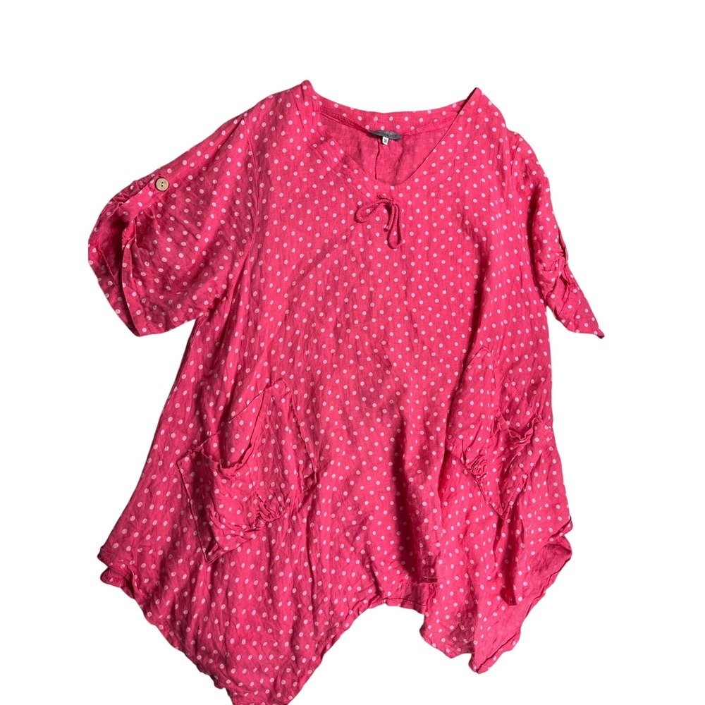 Etienne Marcel 38 Pink Polka Dot Mini Dress Oversized Lagenlook Pockets - Picture 1 of 3